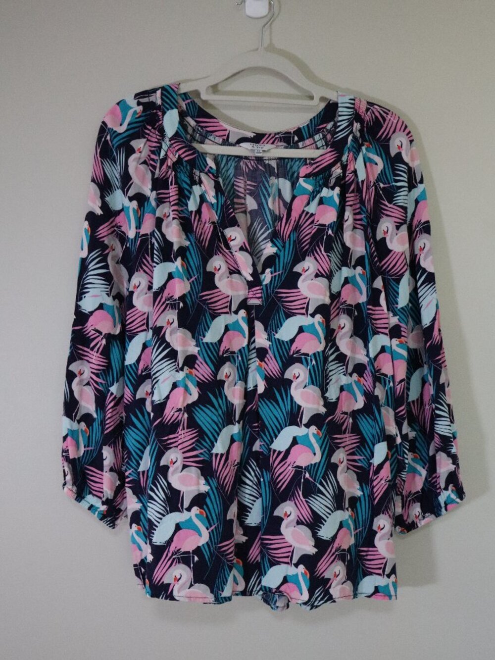Tropical Flamingo Crown and Ivy Pink and Blue Blouse size XL